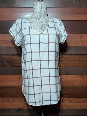 Express White Windowpane V-Neck Blouse